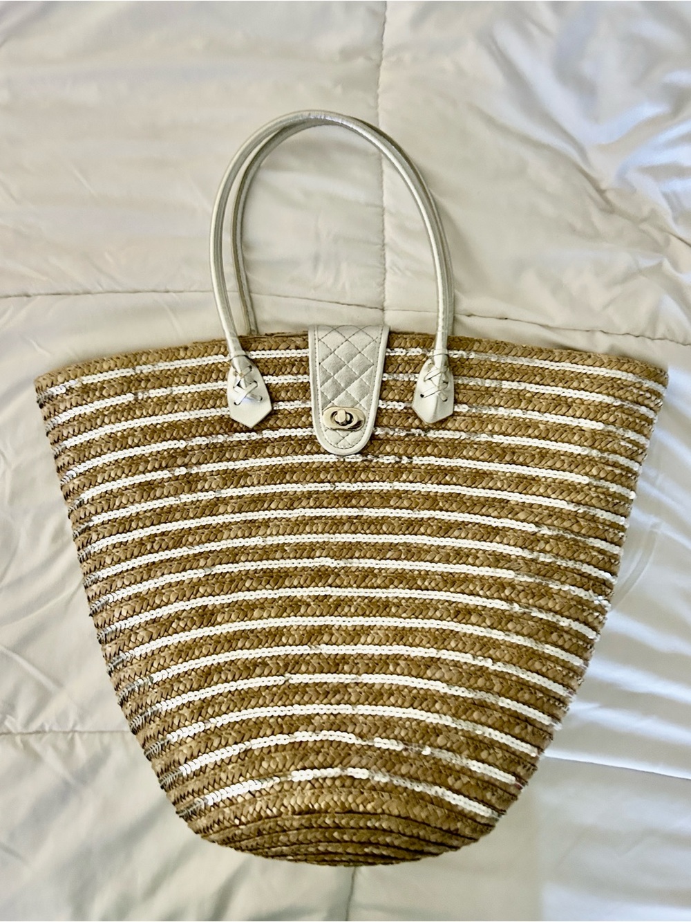 Metal-Trim Straw Tote Bag in Natural and Silver